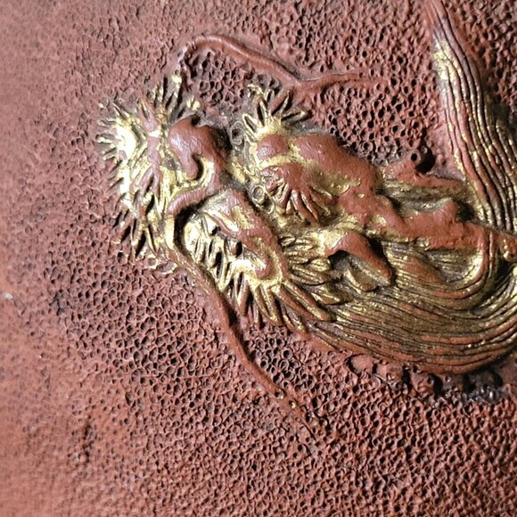 Vintage Tokoname Japanese Redware Vase With Dragon In Clouds Design Gold Accents - Picture 5 of 11